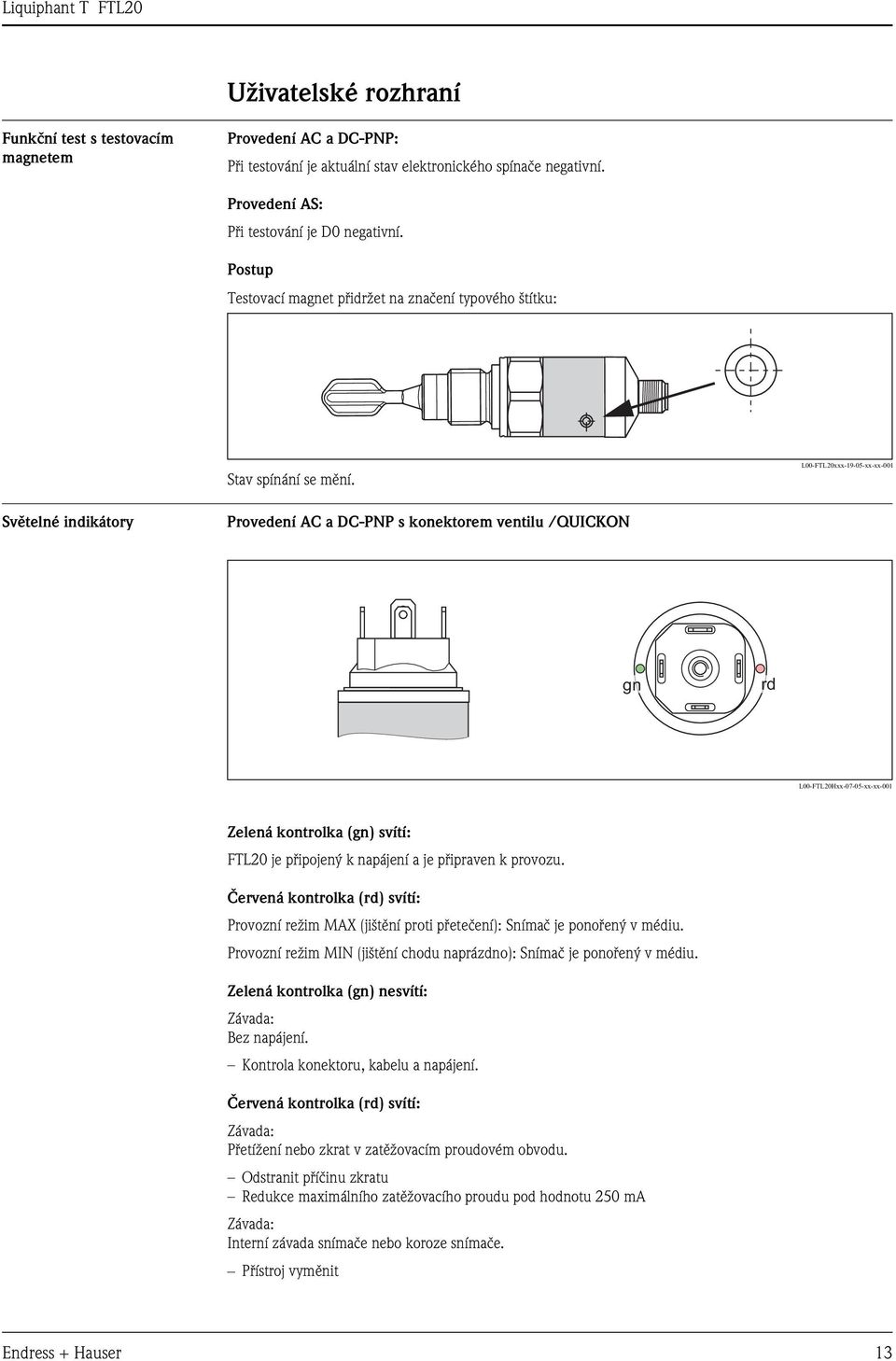 L00-FTL20xxx-19-05-xx-xx-001 Světelné indikátory Provedení AC a DC-PNP s konektorem ventilu /QUICKON gn rd L00-FTL20Hxx-07-05-xx-xx-001 Zelená kontrolka (gn) svítí: FTL20 je připojený k napájení a je