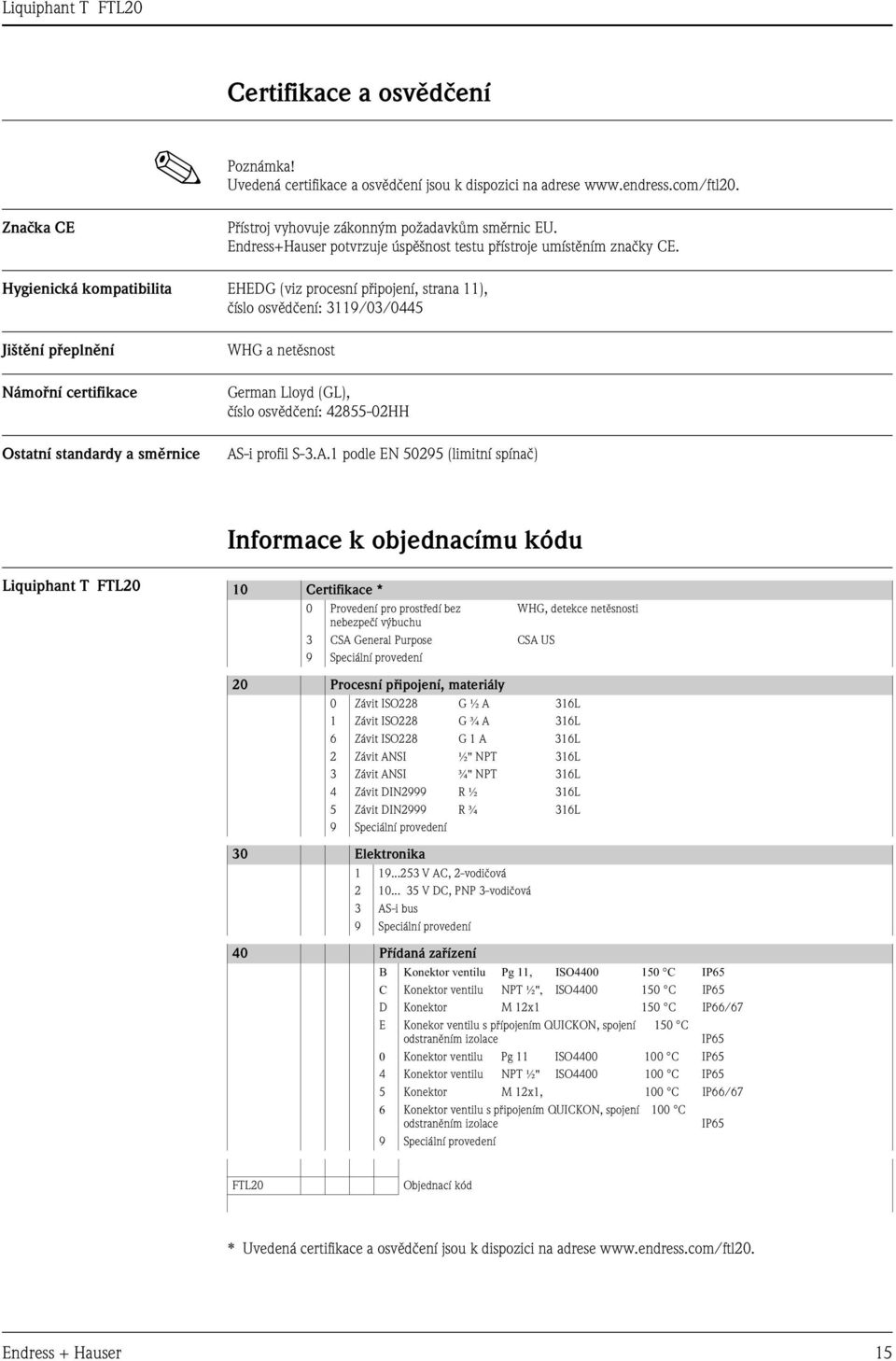 Hygienická kompatibilita EHEDG (viz procesní připojení, strana 11), číslo osvědčení: 3119/03/0445 Jištění přeplnění WHG a netěsnost Námořní certifikace Ostatní standardy a směrnice German Lloyd (GL),