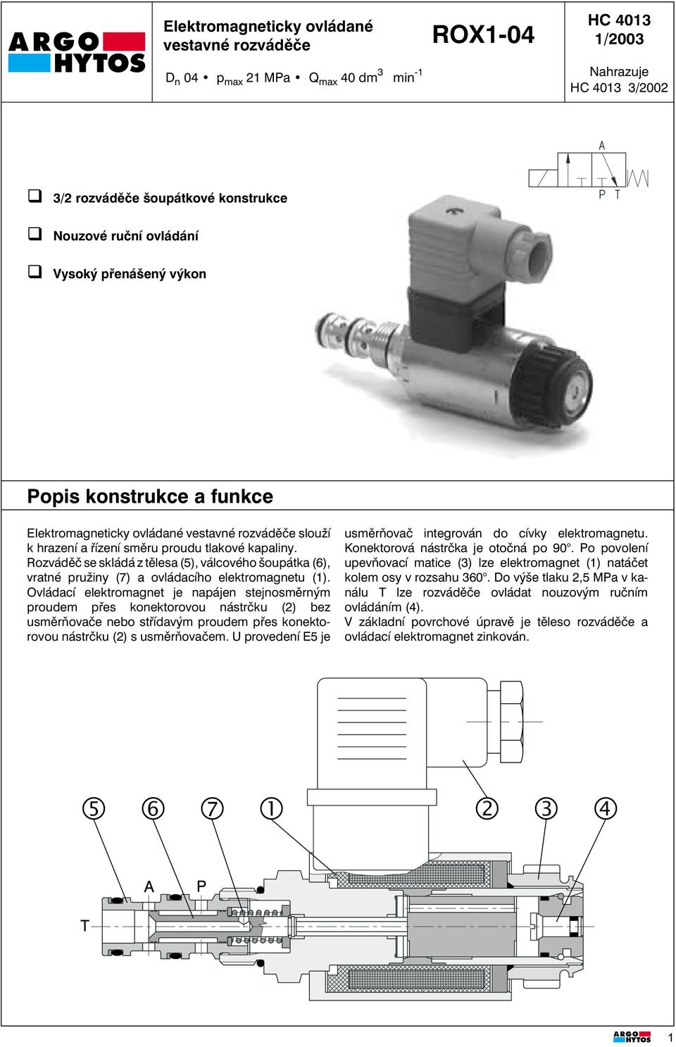 Rozváděč se skládá z tělesa (5), válcového šoupátka (6), vratné pružiny (7) a ovládacího elektromagnetu (1).