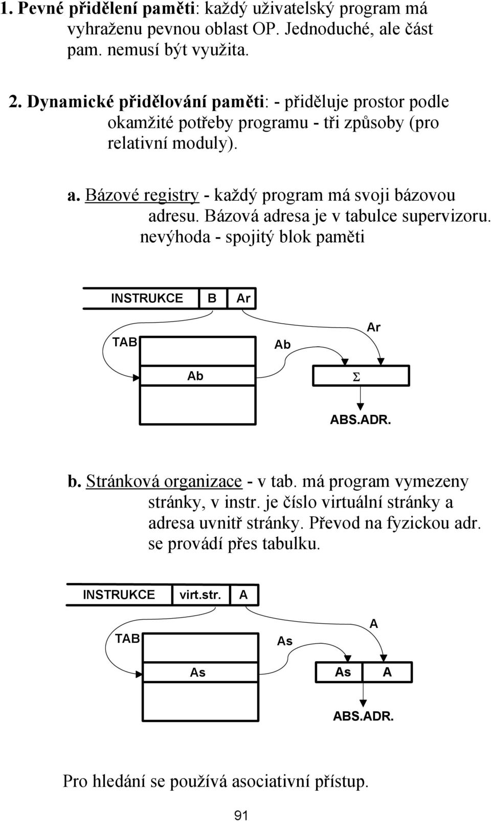 Bázové registry - každý program má svoji bázovou adresu. Bázová adresa je v tabulce supervizoru. nevýhoda - spojitý blok paměti INSTRUKCE B Ar TAB Ab Ar Ab Σ ABS.ADR. b. Stránková organizace - v tab.