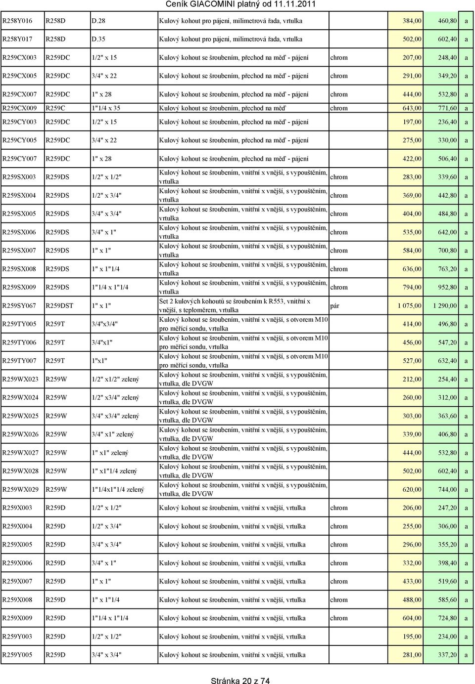 Kulový kohout se šroubením, přechod na měď - pájení chrom 291,00 349,20 a R259CX007 R259DC 1" x 28 Kulový kohout se šroubením, přechod na měď - pájení chrom 444,00 532,80 a R259CX009 R259C 1"1/4 x 35