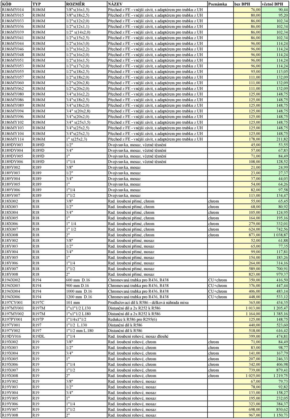 R186MY039 R186M 1/2" x(14x2,0) Přechod z FE - vnější závit, s adaptérem pro trubku z UH 86,00 102,34 R186MY041 R186M 1/2"x(15x2,5) Přechod z FE - vnější závit, s adaptérem pro trubku z UH 86,00