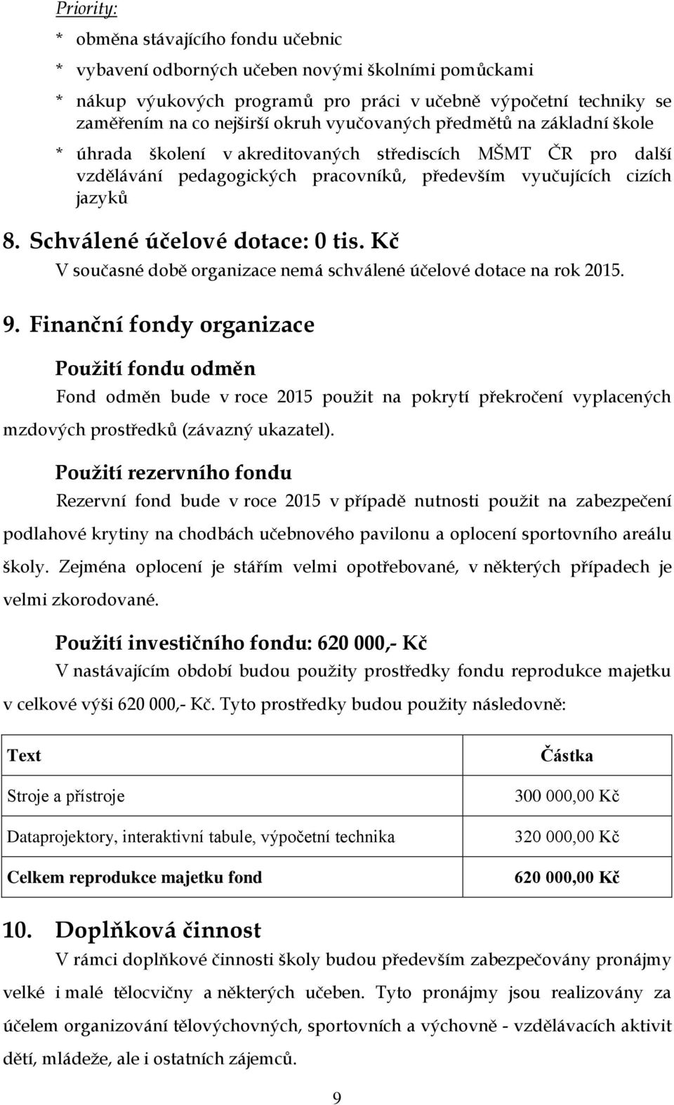 Kč V současné době organizace nemá schválené účelové dotace na rok 2015. 9.