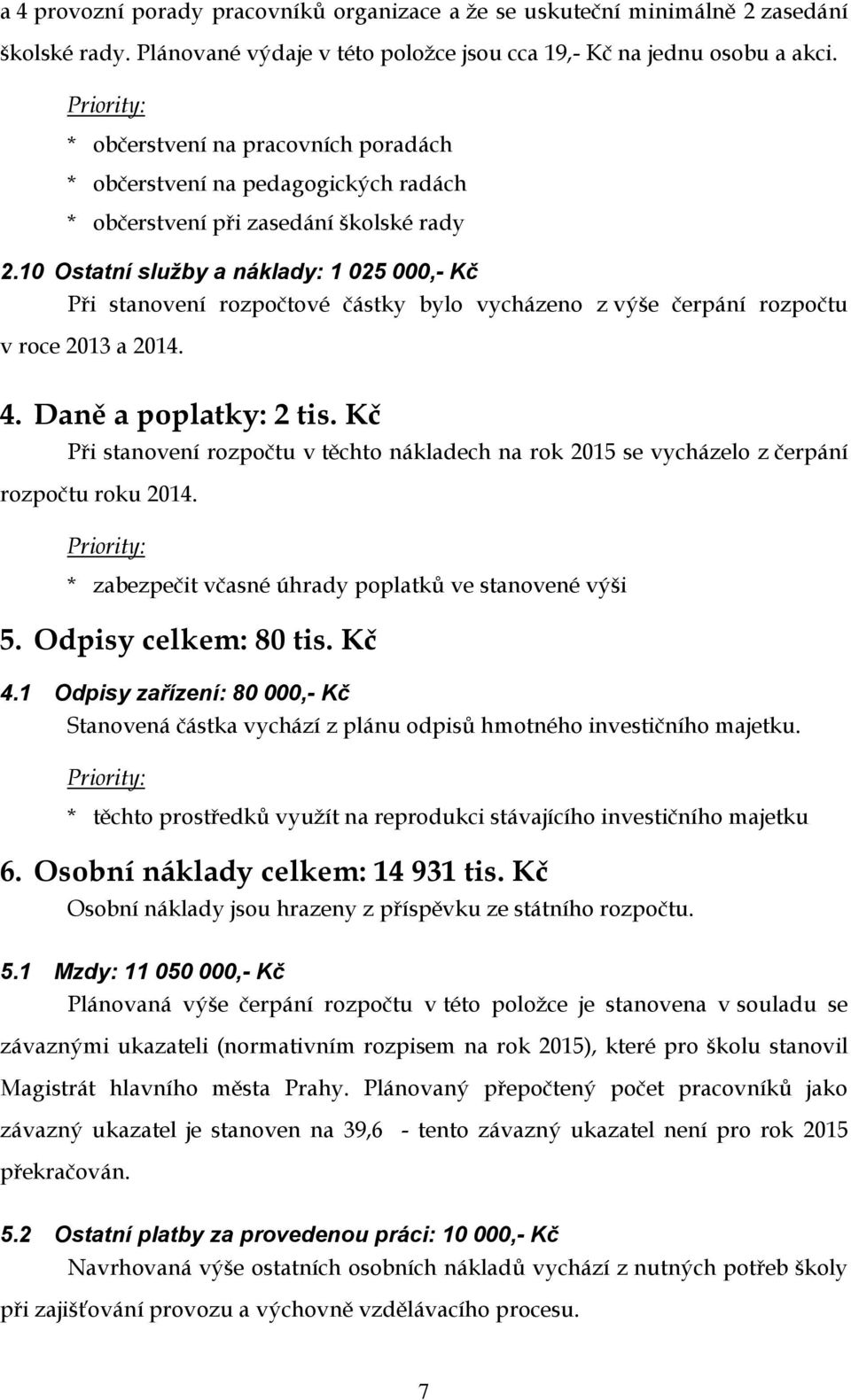 10 Ostatní služby a náklady: 1 025 000,- Kč Při stanovení rozpočtové částky bylo vycházeno z výše čerpání rozpočtu v roce 2013 a 2014. 4. Daně a poplatky: 2 tis.