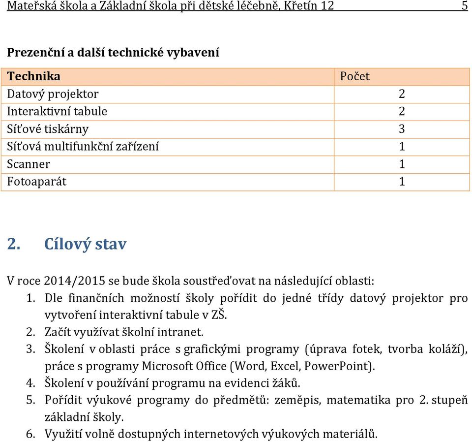 Dle finančních možností školy pořídit do jedné třídy datový projektor pro vytvoření interaktivní tabule v ZŠ. 2. Začít využívat školní intranet. 3.