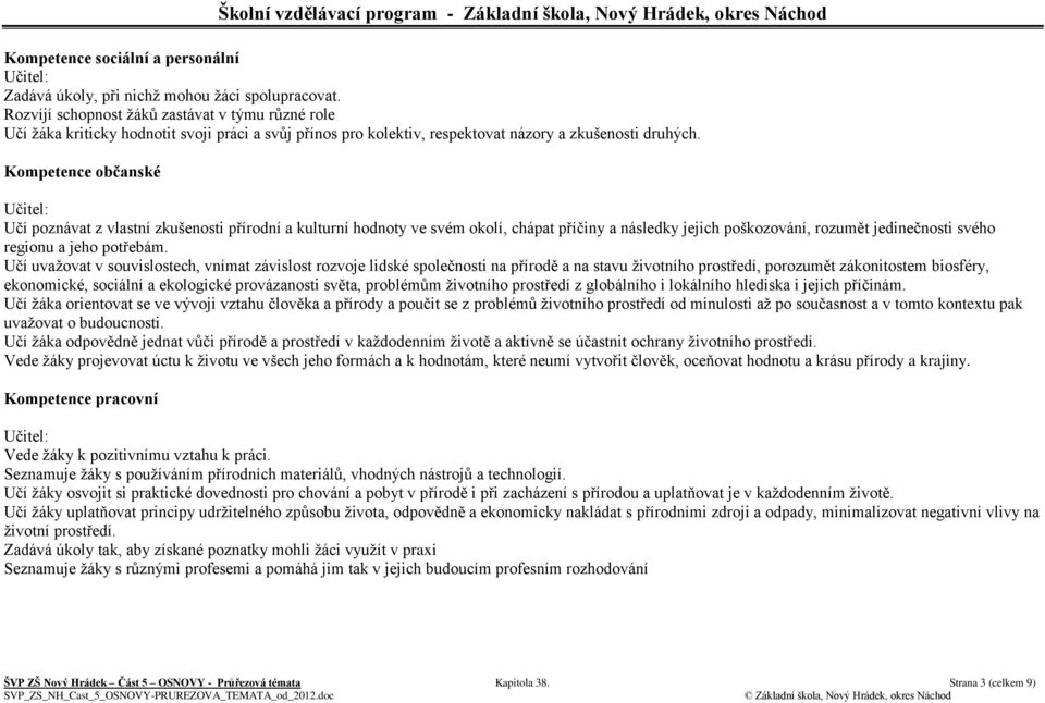 Kompetence občanské Učí poznávat z vlastní zkušenosti přírodní a kulturní hodnoty ve svém okolí, chápat příčiny a následky jejich poškozování, rozumět jedinečnosti svého regionu a jeho potřebám.