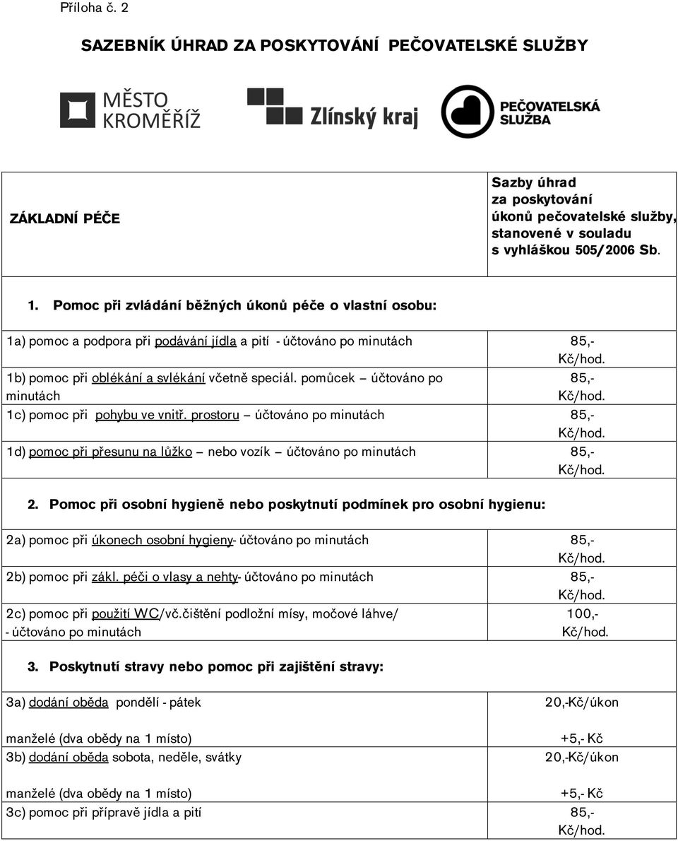 pomůcek účtováno po 85,- minutách 1c) pomoc při pohybu ve vnitř. prostoru účtováno po minutách 85,- 1d) pomoc při přesunu na lůžko nebo vozík účtováno po minutách 85,- 2.