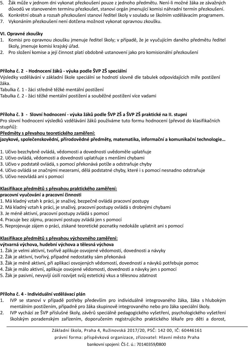 Konkrétní obsah a rozsah přezkoušení stanoví ředitel školy v souladu se školním vzdělávacím programem. 7. Vykonáním přezkoušení není dotčena možnost vykonat opravnou zkoušku. VI. Opravné zkoušky 1.