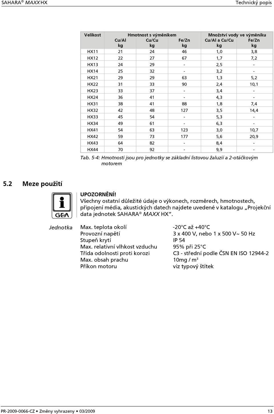 10,7 HX42 59 73 177 5,6 20,9 HX43 64 82-8,4 - HX44 70 92-9,9 - Tab. 5-4: Hmotnosti jsou pro jednotky se základní listovou žaluzií a 2-otáčkovým motorem 5.2 Meze použití Jednotka UPOZORNĚNÍ!