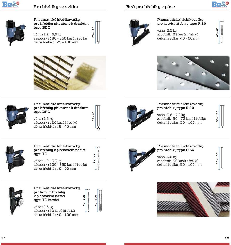 hřebíky typu R 20 váha : 3,6 7,0 kg zásobník : 50 72 kusů hřebíků délka hřebíků : 50 160 mm 50 160 pro hřebíky v plastovém nosiči typu TC váha : 1,2 3,3 kg zásobník : 200 350 kusů hřebíků délka
