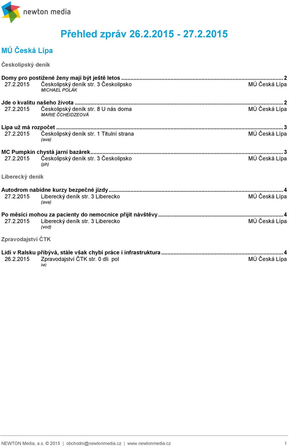 .. 3 27.2.2015 Českolipský deník str. 3 Českolipsko MÚ Česká Lípa (ph) Liberecký deník Autodrom nabídne kurzy bezpečné jízdy... 4 27.2.2015 Liberecký deník str.