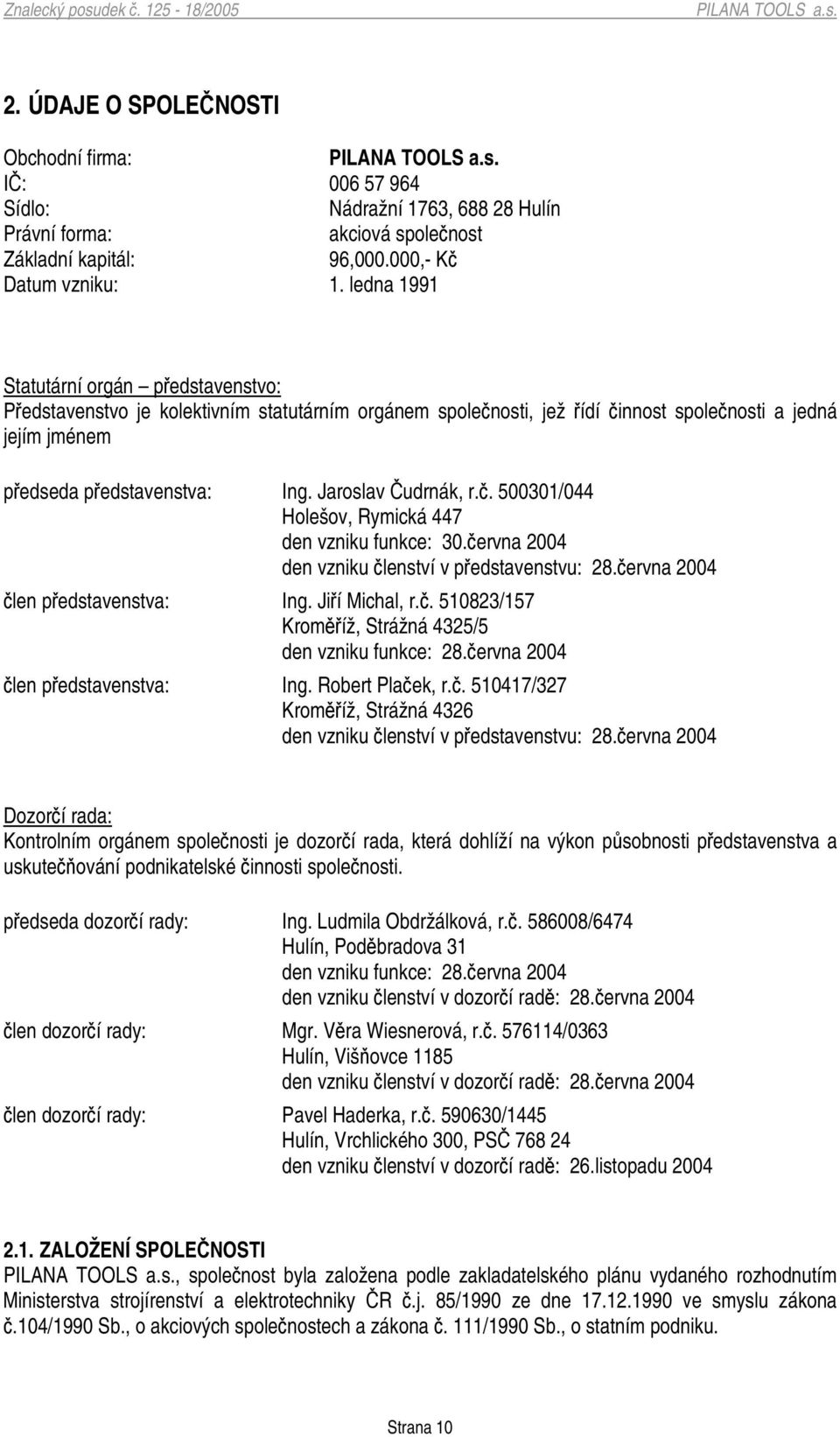 . 500301/044 Holešov, Rymická 447 den vzniku funkce: 30.ervna 2004 den vzniku lenství v pedstavenstvu: 28.ervna 2004 len pedstavenstva: Ing. Jií Michal, r.