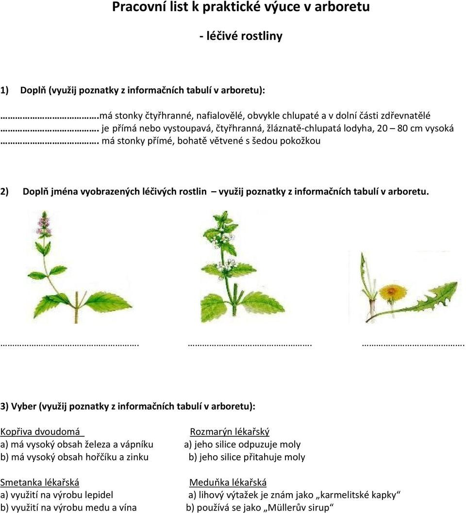 má stonky přímé, bohatě větvené s šedou pokožkou 2) Doplň jména vyobrazených léčivých rostlin využij poznatky z informačních tabulí v arboretu.