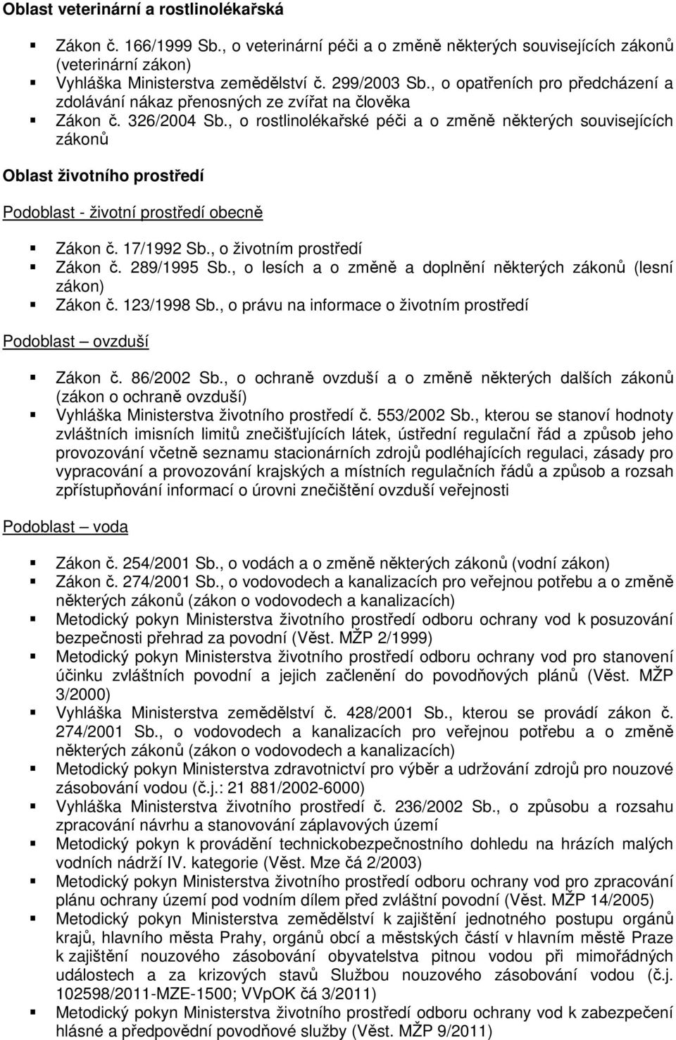 , o rostlinolékařské péči a o změně některých souvisejících zákonů Oblast životního prostředí Podoblast - životní prostředí obecně Zákon č. 17/1992 Sb., o životním prostředí Zákon č. 289/1995 Sb.