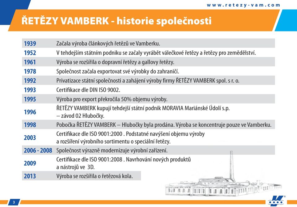 1992 Privatizace státní společnosti a zahájení výroby firmy ŘETĚZY VAMBERK spol. s r. o. 1993 Certifikace dle DIN ISO 9002. 1995 Výroba pro export překročila 50% objemu výroby.