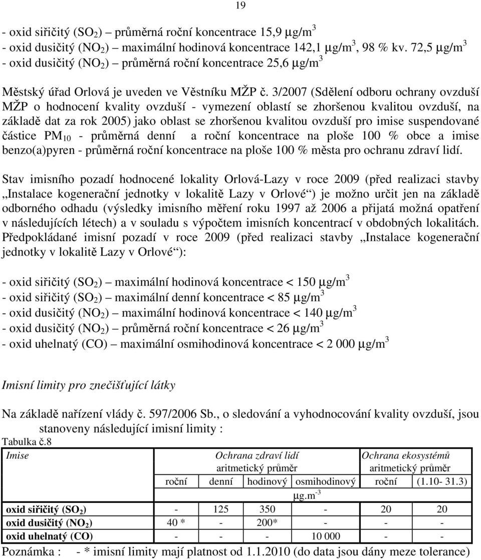 3/2007 (Sdělení odboru ochrany ovzduší MŽP o hodnocení kvality ovzduší - vymezení oblastí se zhoršenou kvalitou ovzduší, na základě dat za rok 2005) jako oblast se zhoršenou kvalitou ovzduší pro