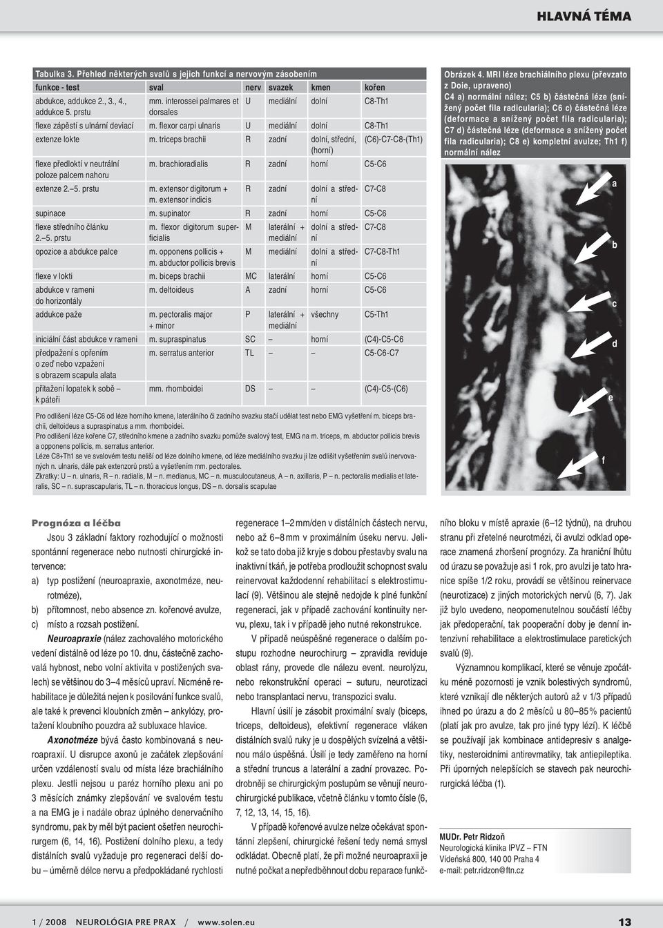 triceps brachii R zadní dolní, střední, (C6)-C7-C8-(Th1) (horní) flexe předloktí v neutrální poloze palcem nahoru m. brachioradialis R zadní horní C5-C6 extenze 2. 5. prstu m. extensor digitorum + m.