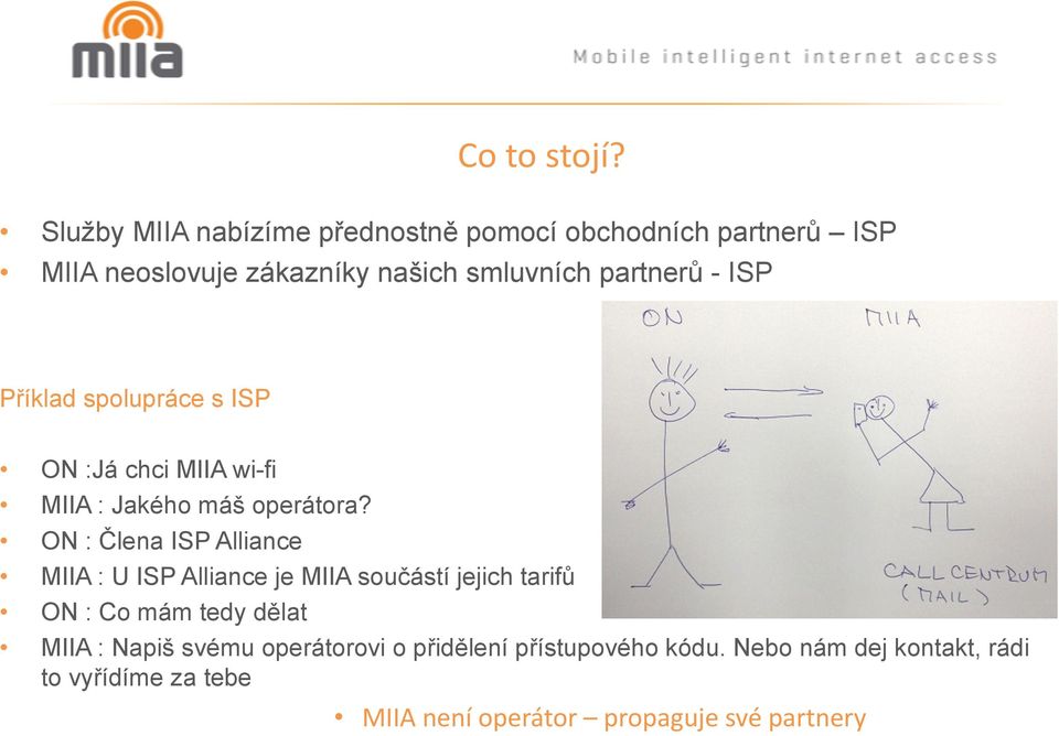 - ISP Příklad splupráce s ISP ON :Já chci MIIA wi-fi MIIA : Jakéh máš perátra?