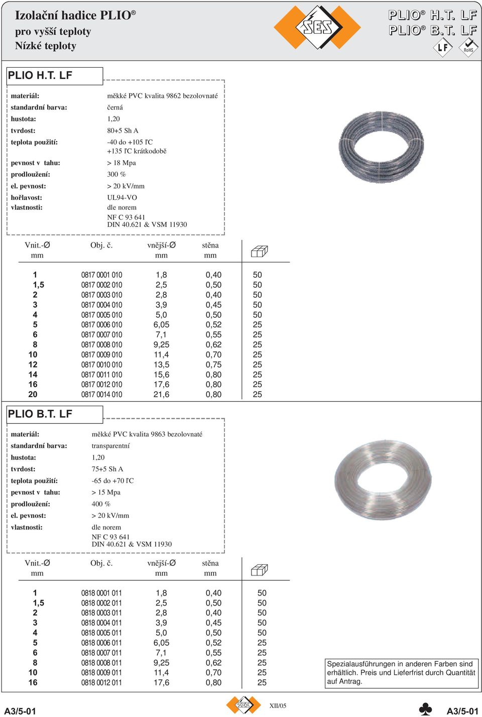 el. pevnost: hořlavost: vlastnosti: > 20 kv/mm UL94-VO dle norem NF C 93 641 DIN 40.621 & VSM 11930 PLIO PLIO H.T. LF B.T. LF L F Vnit.-Ø Obj. č.