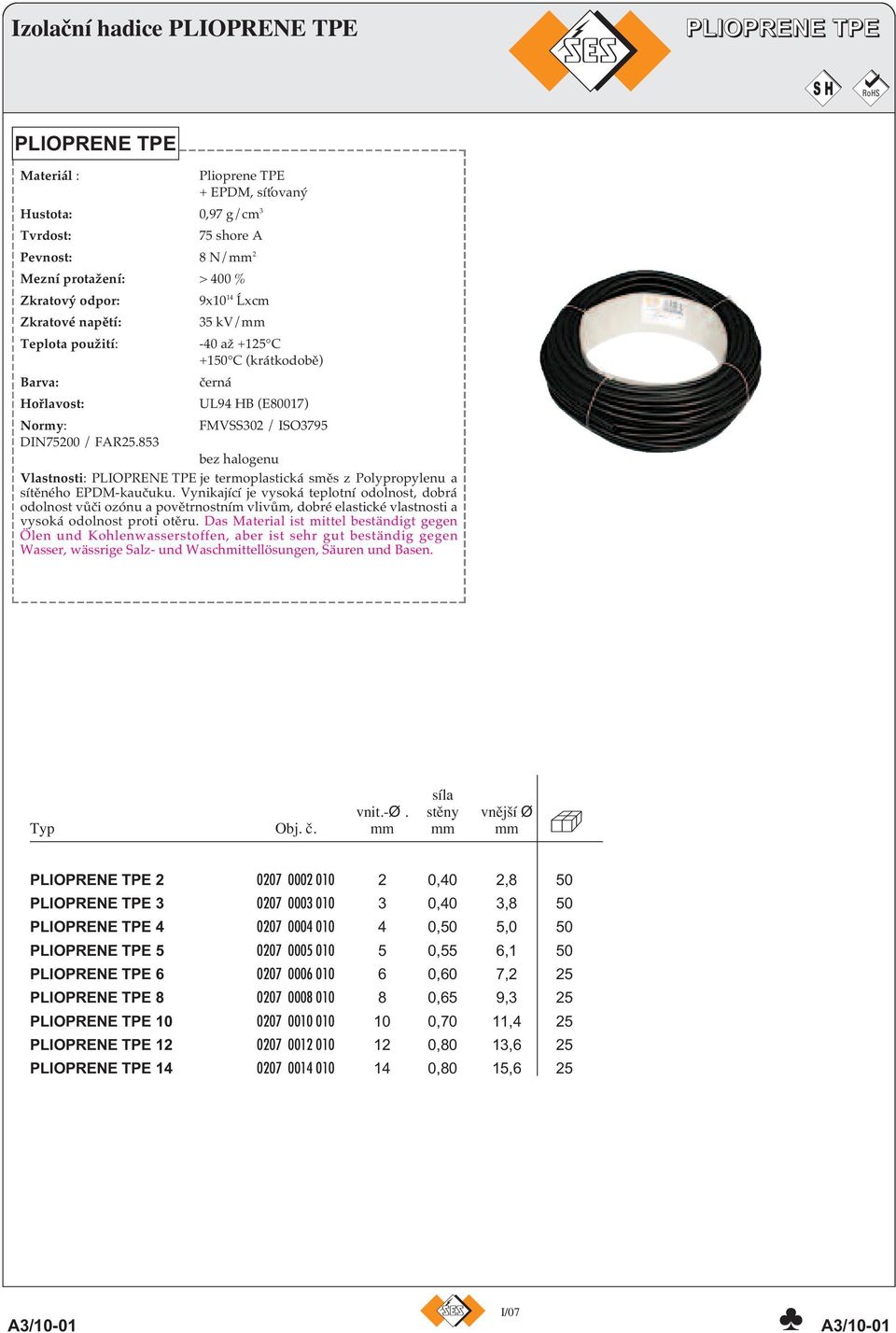 853 bez halogenu Vlastnosti: PLIOPRENE TPE je termoplastická směs z Polypropylenu a sítěného EPDM-kaučuku.