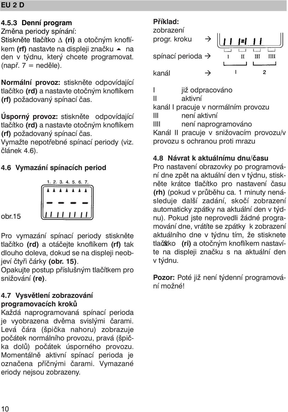 Úsporný provoz: stiskněte odpovídající tlačítko (rd) a nastavte otočným knoflíkem (rf) požadovaný spínací čas. Vymažte nepotřebné spínací periody (viz. článek 4.6). 4.6 Vymazání spínacích period obr.