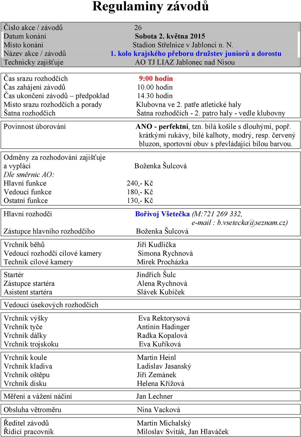 Boženka Šulcová 240,- Kč 180,- Kč 130,- Kč Hlavní rozhodčí Bořivoj Všetečka (M:721 269 332, e-mail : b.vsetecka@seznam.