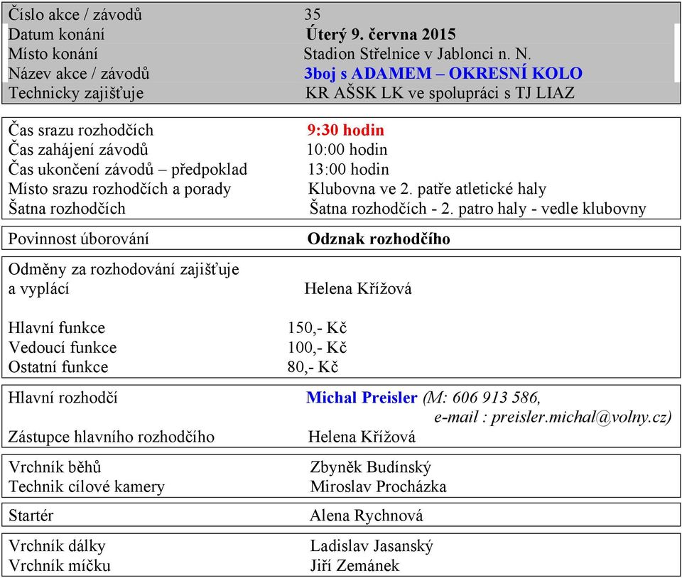 hodin 10:00 hodin 13:00 hodin Odznak rozhodčího 150,- Kč 100,- Kč 80,- Kč Hlavní rozhodčí Michal