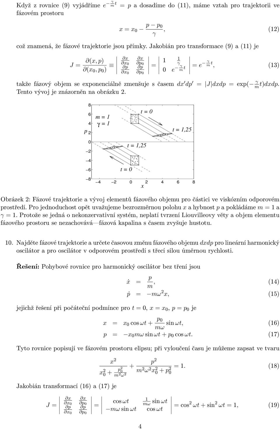 Tento vývoj je znázorněn na obrázku. p 8 6 4 m = = γ t = t =,5 t =,5 4 6 t = 8 4 4 6 8 x Obrázek : Fázové trajektorie a vývoj elementů fázového objemu pro částici ve viskózním odporovém prostředí.