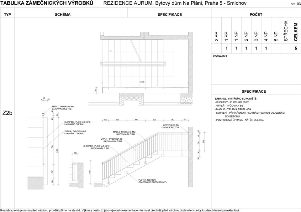 LAKOVANÁ DLE RAL PLOTNA 00/00/6 OSAZENA DO PREFABRIKÁTU KOTVENÍ DO ZDI CHEMICKÁ KOTVA 60 30 790 900 ZÁBRADLÍ VNITŘNÍHO SCHODIŠTĚ - SLOUPKY -