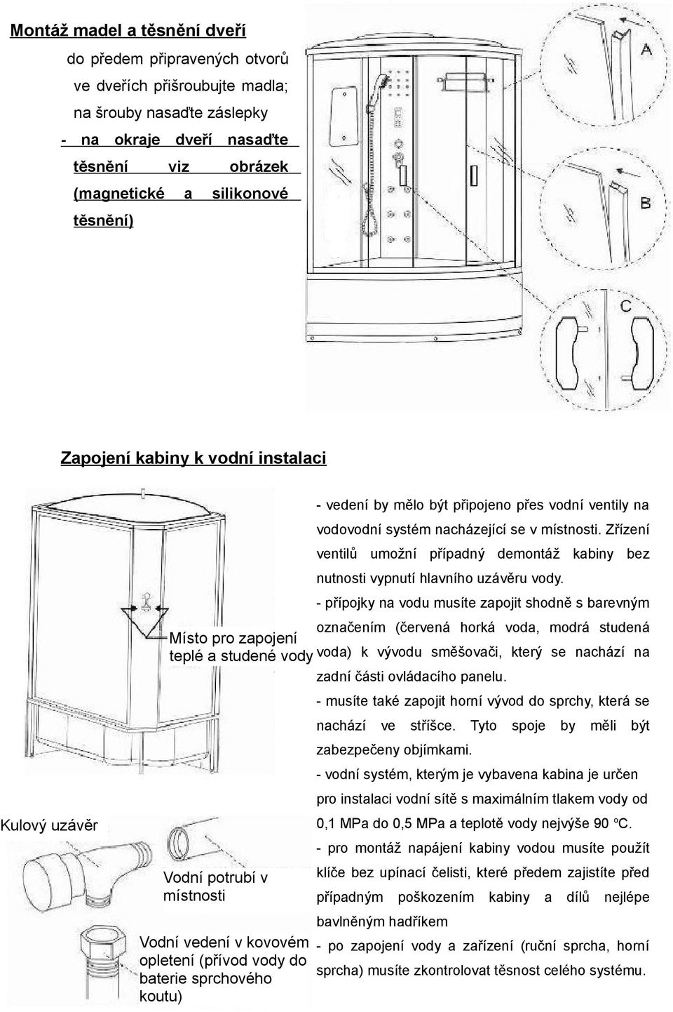 Zřízení ventilů umožní případný demontáž kabiny bez nutnosti vypnutí hlavního uzávěru vody.