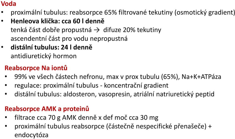 v prox tubulu (65%), Na+K+ATPáza regulace: proximální tubulus - koncentrační gradient distální tubulus: aldosteron, vasopresin, atriální natriuretický