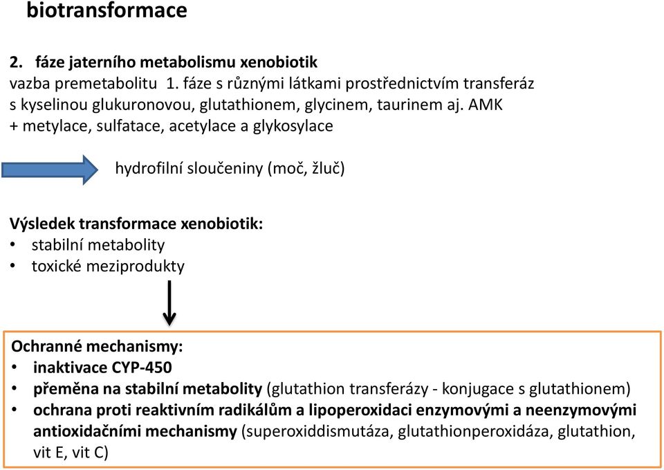 AMK + metylace, sulfatace, acetylace a glykosylace hydrofilní sloučeniny (moč, žluč) Výsledek transformace xenobiotik: stabilní metabolity toxické meziprodukty