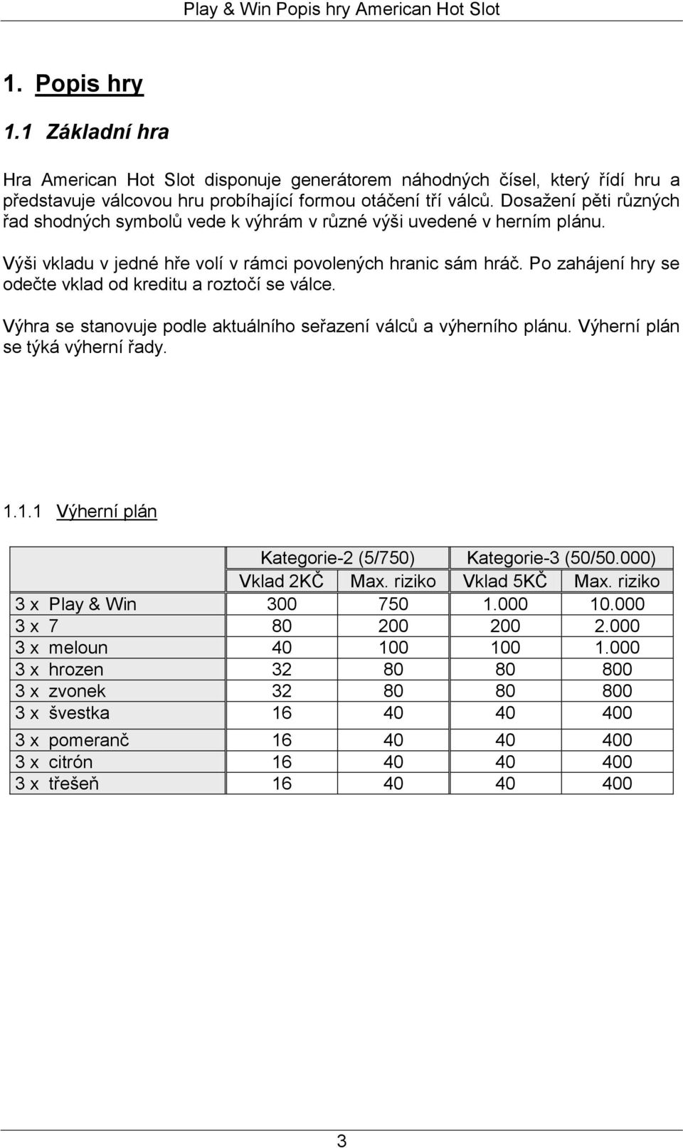 Po zahájení hry se odečte vklad od kreditu a roztočí se válce. Výhra se stanovuje podle aktuálního seřazení válců a výherního plánu. Výherní plán se týká výherní řady. 1.