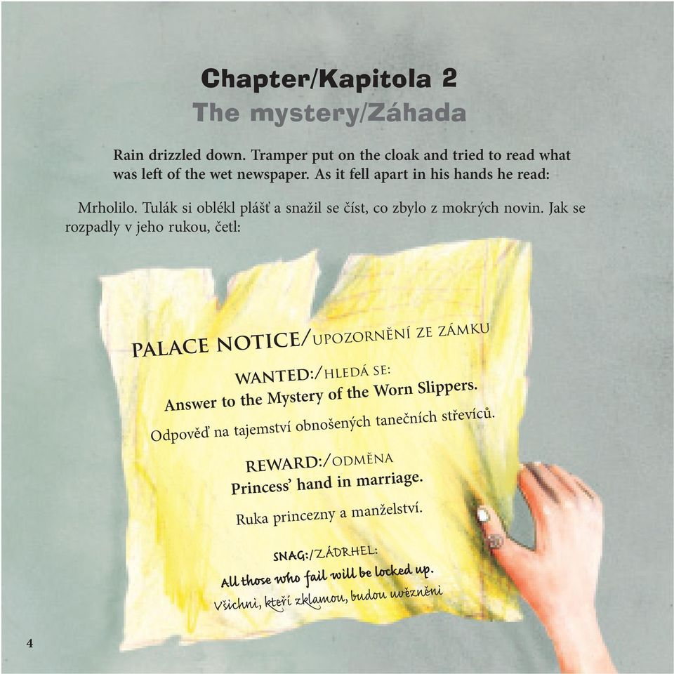 Jak se rozpadly v jeho rukou, četl: palace notice/upozornění ze zámku wanted:/hledá se: Answer to the Mystery of the Worn Slippers.