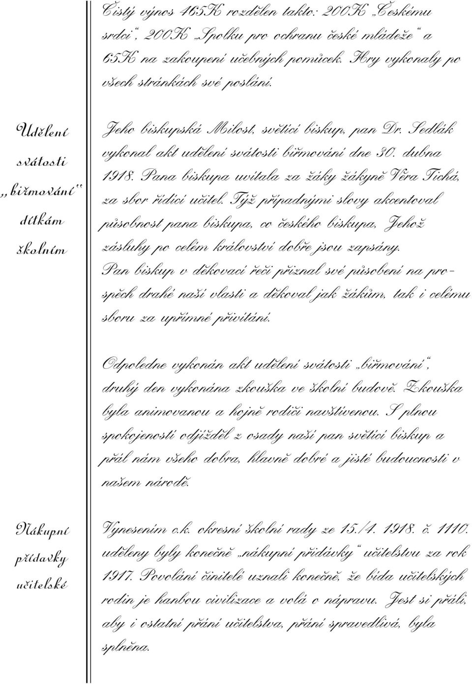 Pana biskupa uvítala za žáky žákyně Věra Tichá, za sbor řídící učitel. Týž případnými slovy akcentoval působnost pana biskupa, co českého biskupa, Jehož zásluhy po celém království dobře jsou zapsány.