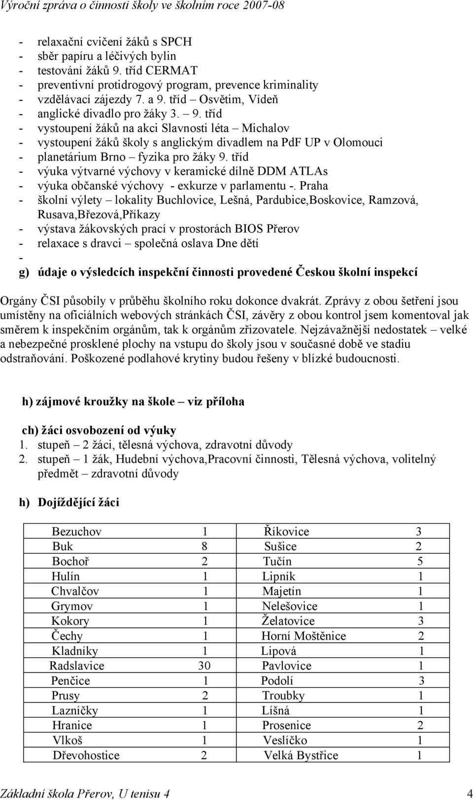 tříd - vystoupení žáků na akci Slavnosti léta Michalov - vystoupení žáků školy s anglickým divadlem na PdF UP v Olomouci - planetárium Brno fyzika pro žáky 9.