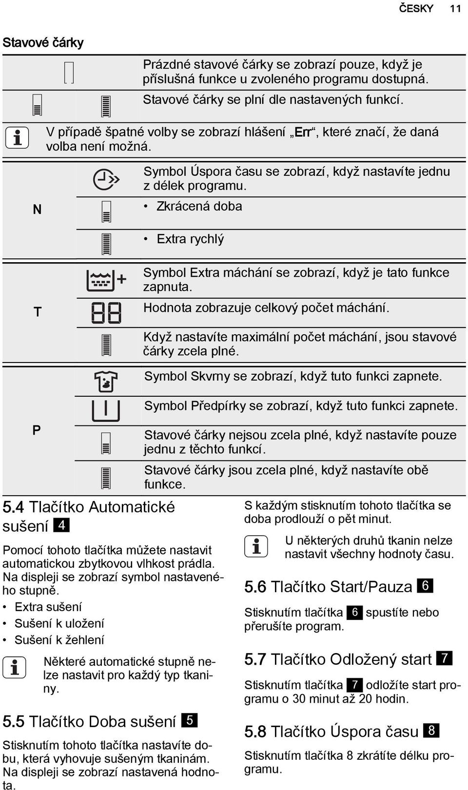 Zkrácená doba Extra rychlý T Symbol Extra máchání se zobrazí, když je tato funkce zapnuta. Hodnota zobrazuje celkový počet máchání.