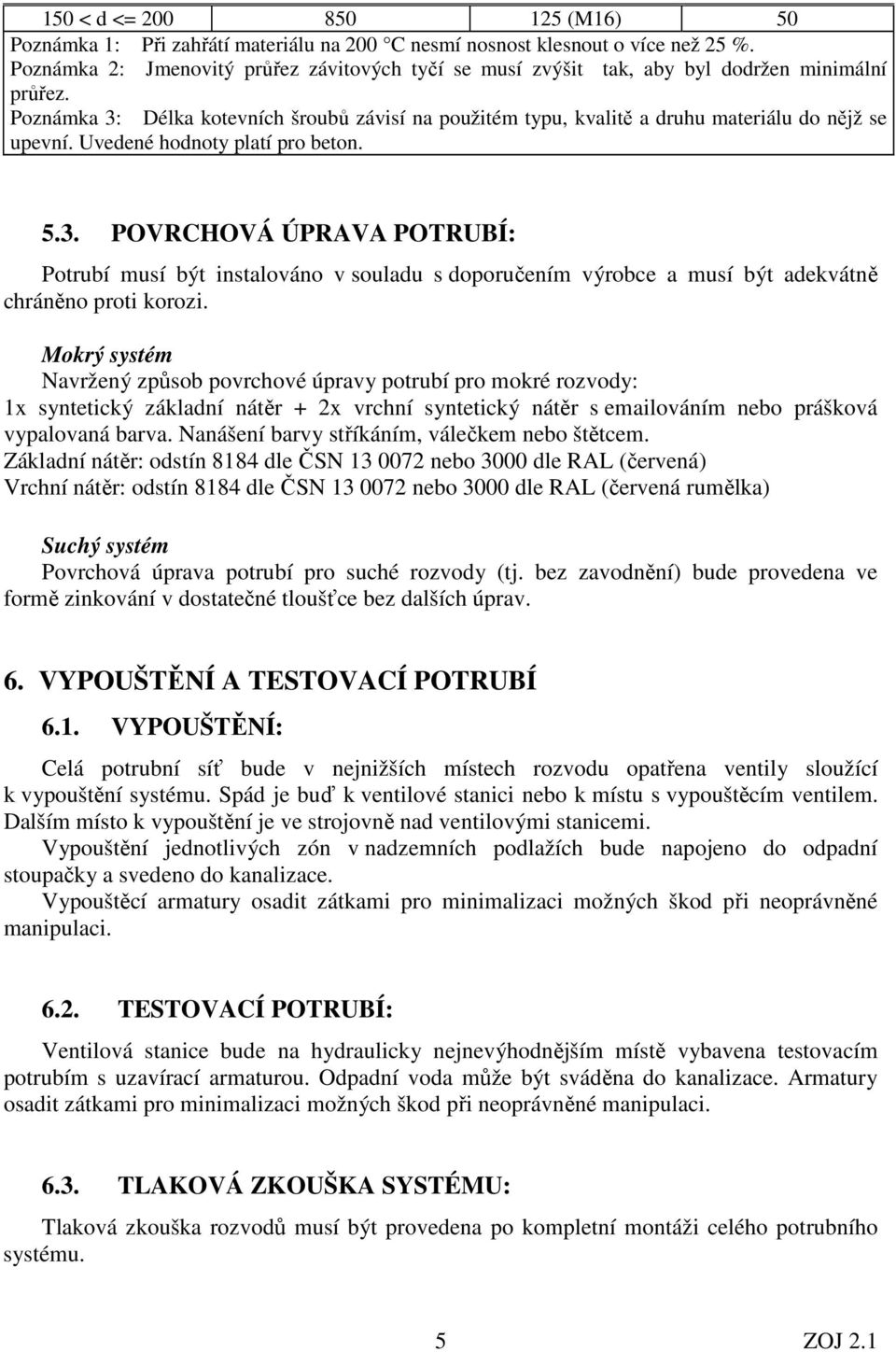 Poznámka 3: Délka kotevních šroubů závisí na použitém typu, kvalitě a druhu materiálu do nějž se upevní. Uvedené hodnoty platí pro beton. 5.3. POVRCHOVÁ ÚPRAVA POTRUBÍ: Potrubí musí být instalováno v souladu s doporučením výrobce a musí být adekvátně chráněno proti korozi.