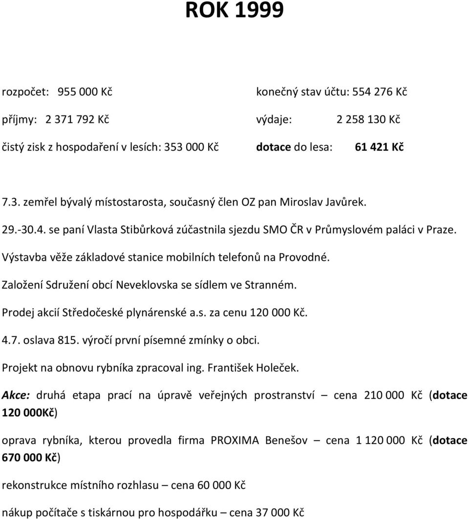 Založení Sdružení obcí Neveklovska se sídlem ve Stranném. Prodej akcií Středočeské plynárenské a.s. za cenu 120 000 Kč. 4.7. oslava 815. výročí první písemné zmínky o obci.