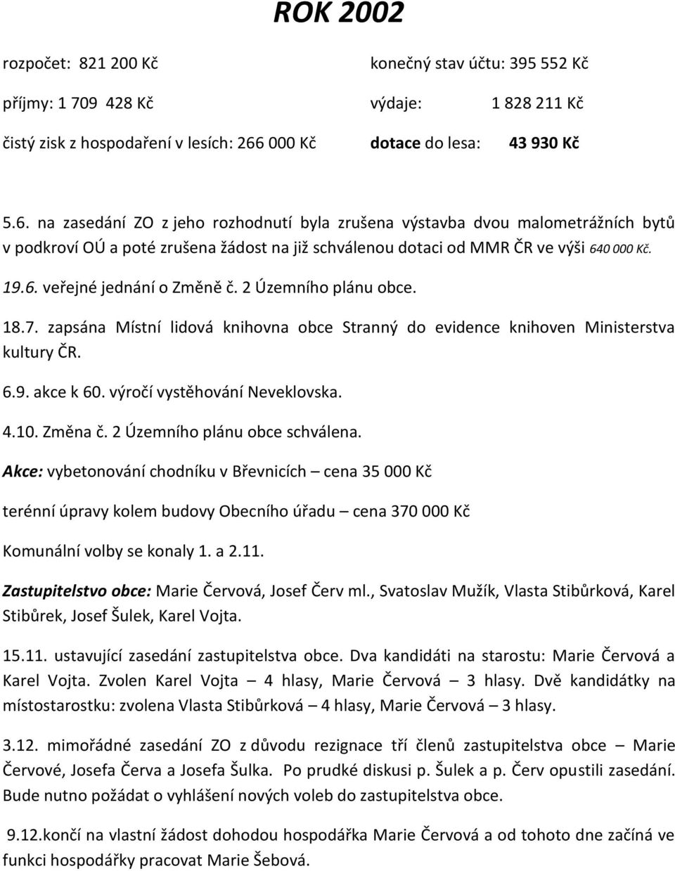 na zasedání ZO z jeho rozhodnutí byla zrušena výstavba dvou malometrážních bytů v podkroví OÚ a poté zrušena žádost na již schválenou dotaci od MMR ČR ve výši 640 000 Kč. 19.6. veřejné jednání o Změně č.