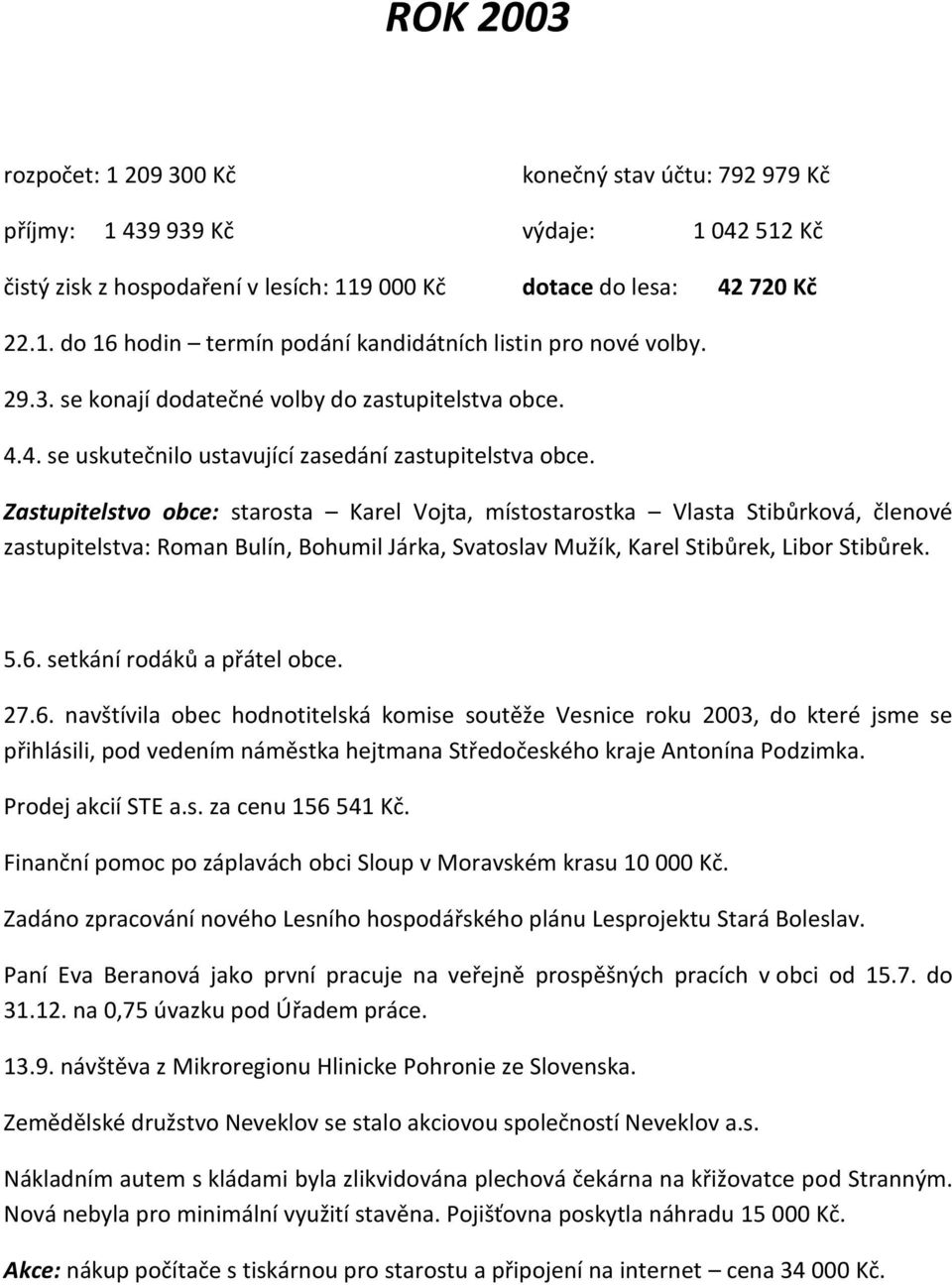 Zastupitelstvo obce: starosta Karel Vojta, místostarostka Vlasta Stibůrková, členové zastupitelstva: Roman Bulín, Bohumil Járka, Svatoslav Mužík, Karel Stibůrek, Libor Stibůrek. 5.6.