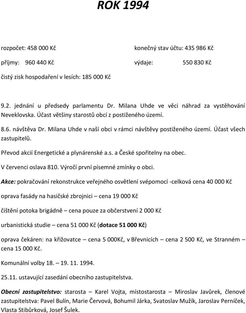 Účast všech zastupitelů. Převod akcií Energetické a plynárenské a.s. a České spořitelny na obec. V červenci oslava 810. Výročí první písemné zmínky o obci.