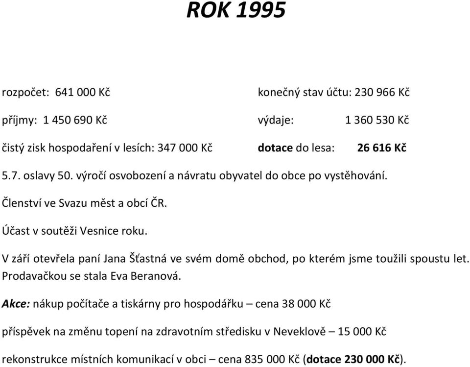 V září otevřela paní Jana Šťastná ve svém domě obchod, po kterém jsme toužili spoustu let. Prodavačkou se stala Eva Beranová.