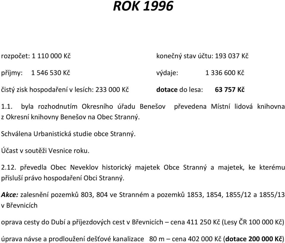 převedla Obec Neveklov historický majetek Obce Stranný a majetek, ke kterému přísluší právo hospodaření Obci Stranný.