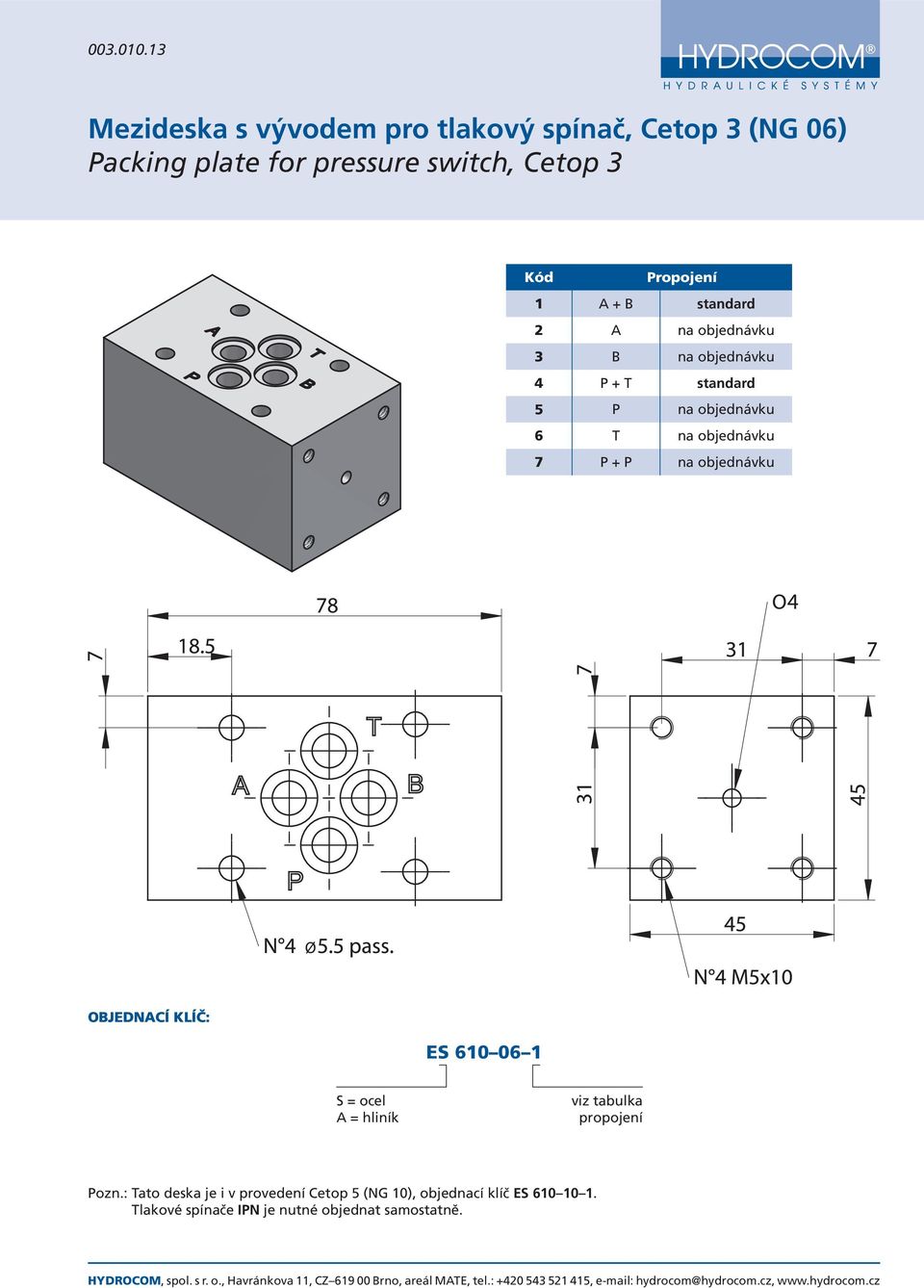 Kód Propojení 1 A + B standard 2 A na objednávku 3 B na objednávku 4 P + T standard 5 P na objednávku 6