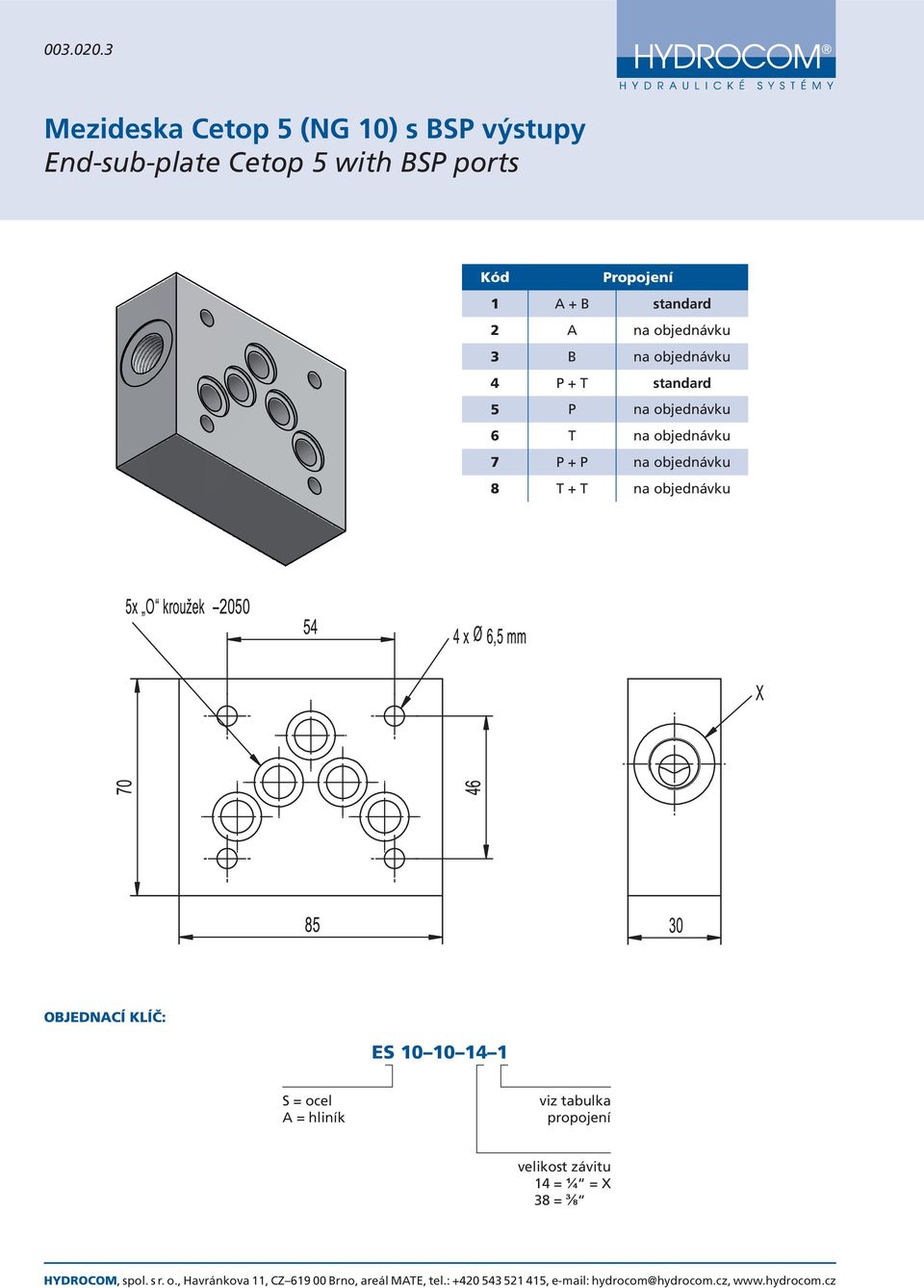 Kód Propojení 1 A + B standard 2 A na objednávku 3 B na objednávku 4 P + T