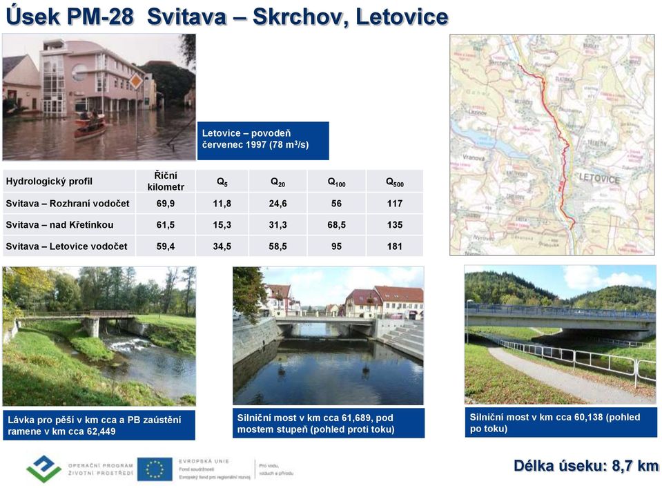 Svitava Letovice vodočet 59,4 34,5 58,5 95 181 Lávka pro pěší v km cca a PB zaústění ramene v km cca 62,449 Silniční