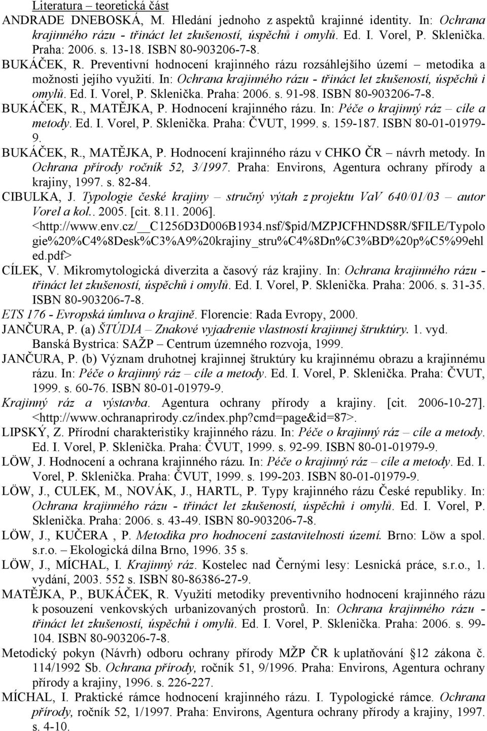 In: Ochrana krajinného rázu - třináct let zkušeností, úspěchů i omylů. Ed. I. Vorel, P. Sklenička. Praha: 2006. s. 91-98. ISBN 80-903206-7-8. BUKÁČEK, R., MATĚJKA, P. Hodnocení krajinného rázu.