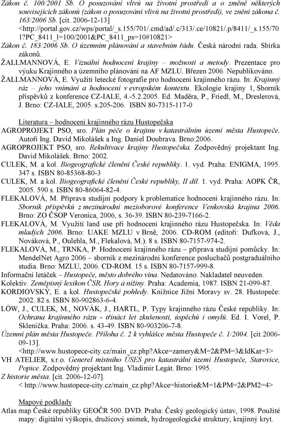 Česká národní rada. Sbírka zákonů. ŽALLMANNOVÁ, E. Vizuální hodnocení krajiny možnosti a metody. Prezentace pro výuku Krajinného a územního plánování na AF MZLU. Březen 2006. Nepublikováno.