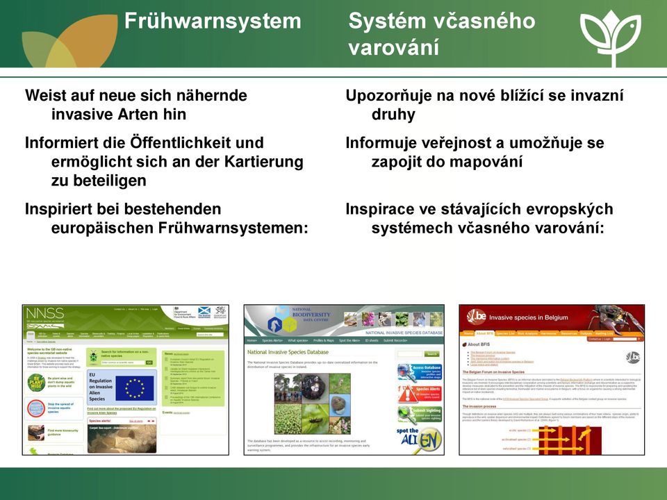 bestehenden europäischen Frühwarnsystemen: Upozorňuje na nové blížící se invazní druhy Informuje